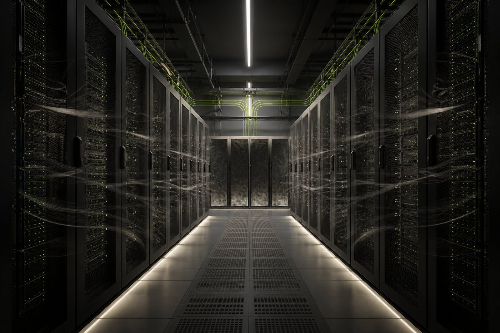 A symmetrical data centre aisle with restrained lime network indicators