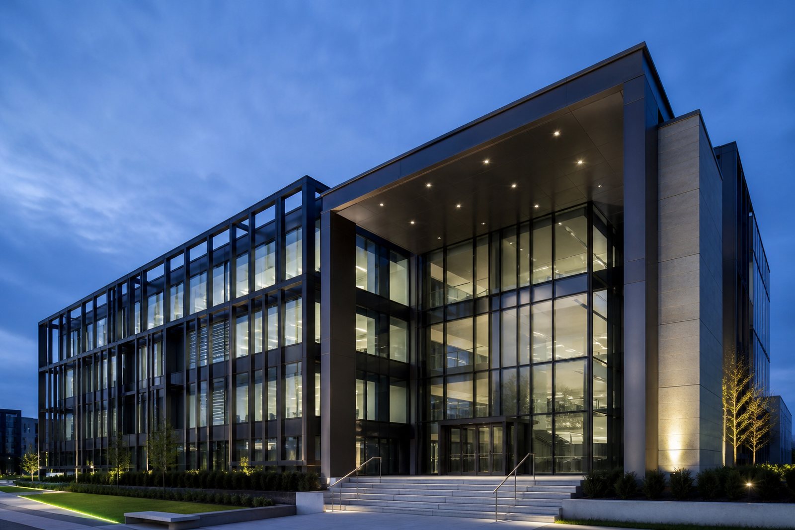 The illuminated glass and steel facade of a modern commercial building at dusk