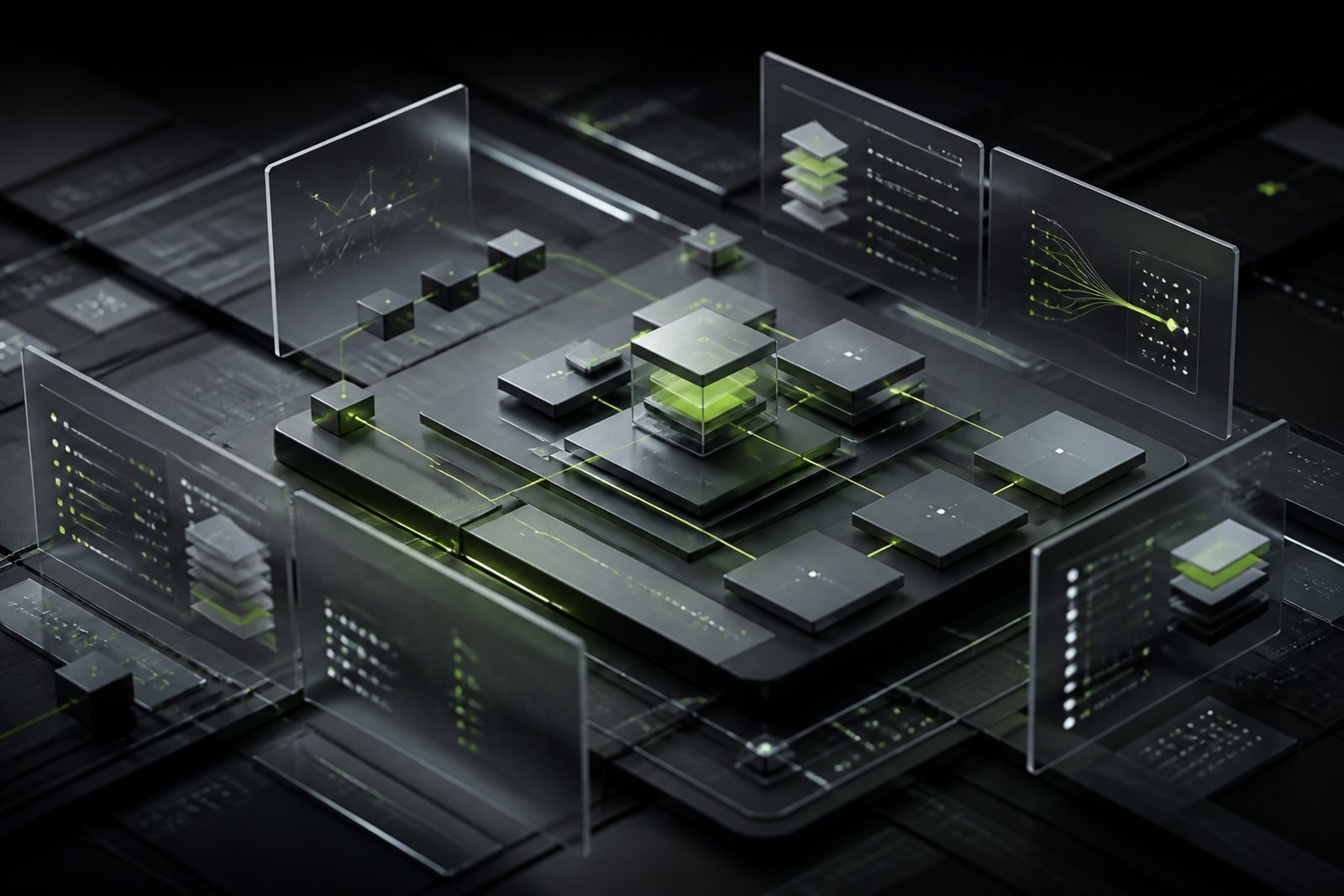 A modular enterprise software system visualized through connected dark interface layers