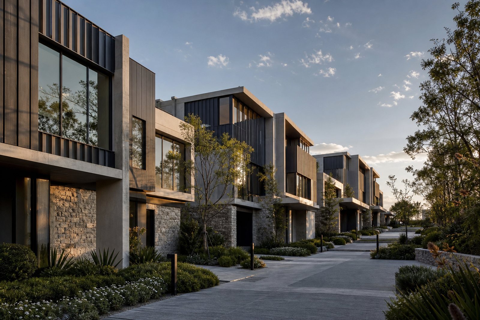 A landscaped development of contemporary stone, concrete and metal homes