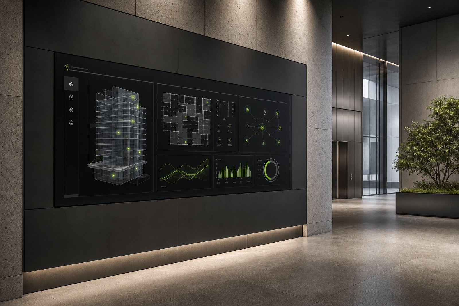 A building intelligence interface integrated into a contemporary lobby wall